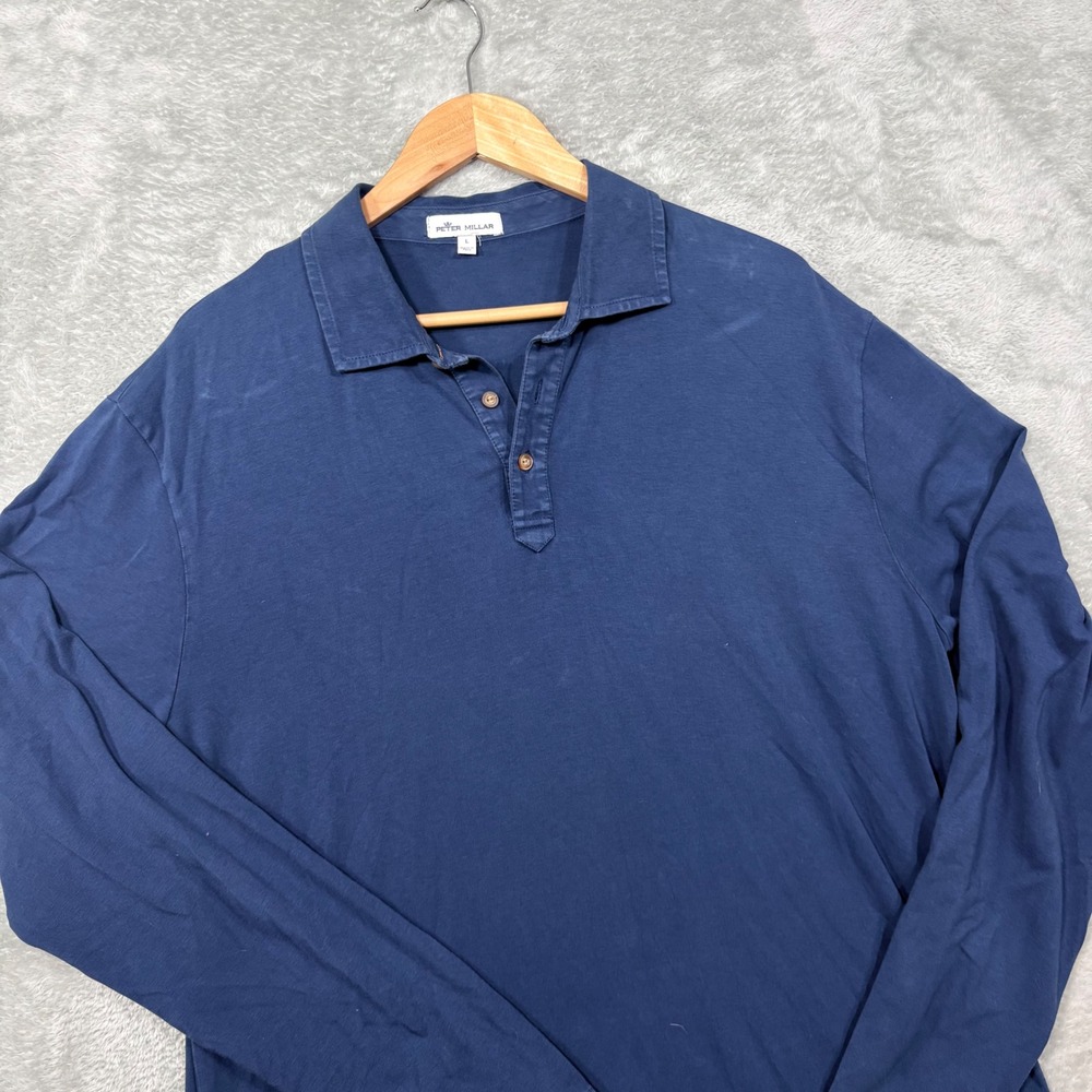 Peter Millar Polo Shirt Mens Large Blue Long Sleeve Pima Cotton Stretch Jersey